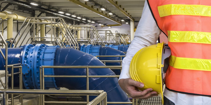 Trabajador de aguas residales sosteniendo un casco